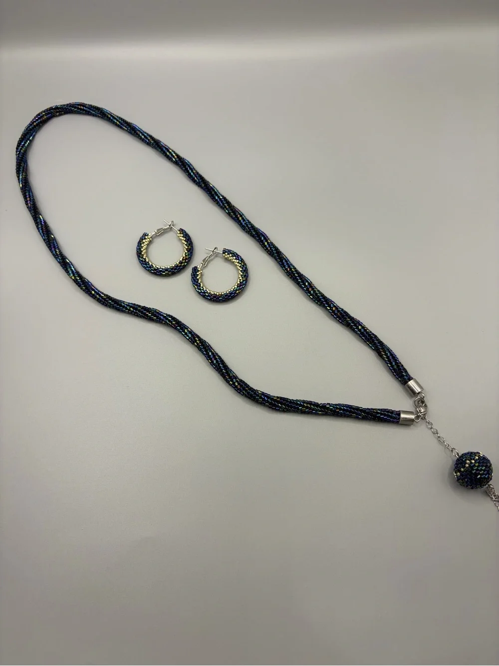 Twisted Beaded Navy Necklace with Matching Hoop Earrings